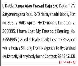 DATLA DURGA AJAY PRASAD RAJU HAS LOST Passport
