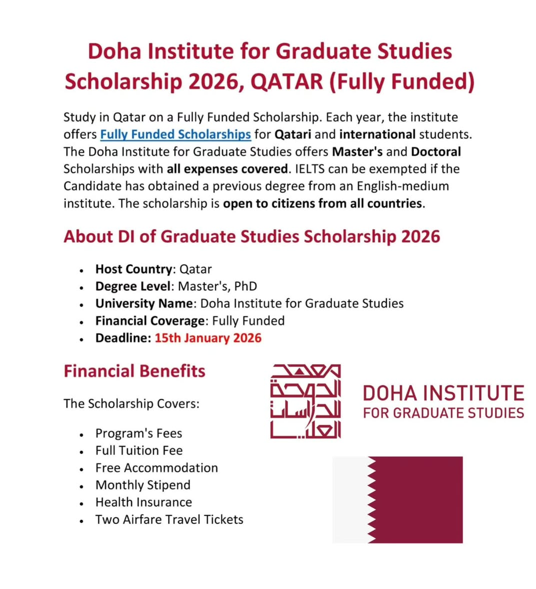 DOHA INSTITUTE FOR GRADUATE STUDIES SCHOLARSHIP 2026,  QATAR