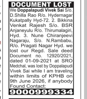 DOPPALAPUDI VIVEK SAI HAS LOST DOCUMENT