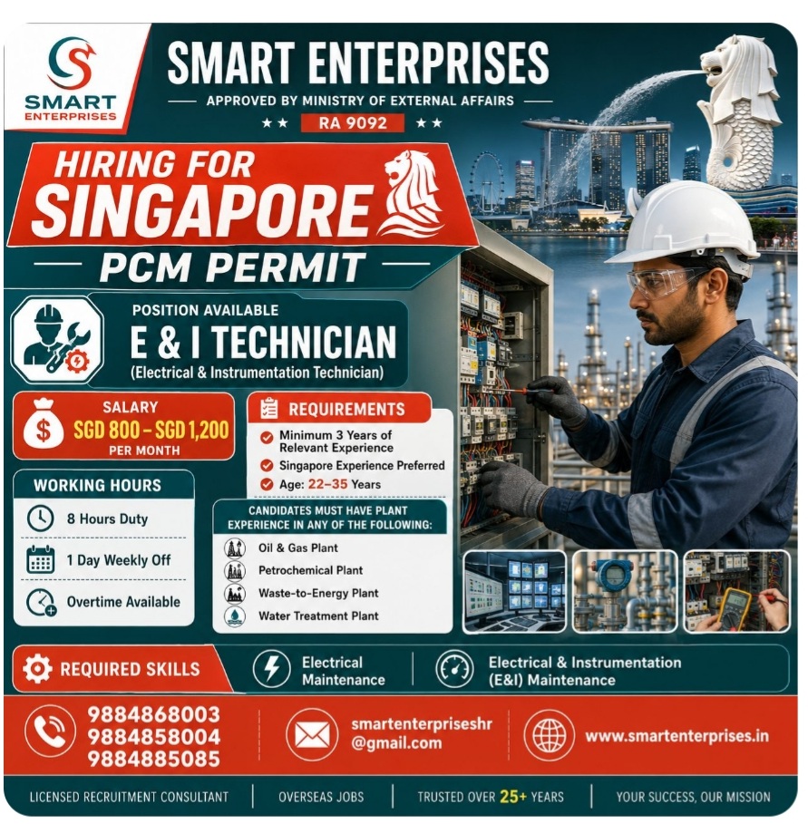 E & I Technician (Electrical & Instrumentation Technician) hiring for Singapore