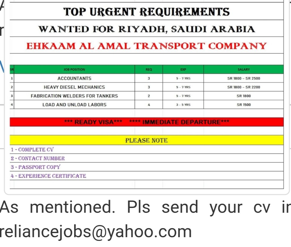 EHKAAM AL AMAL TRANSPORT VOMPANY IS HIRING FOR RIYADH