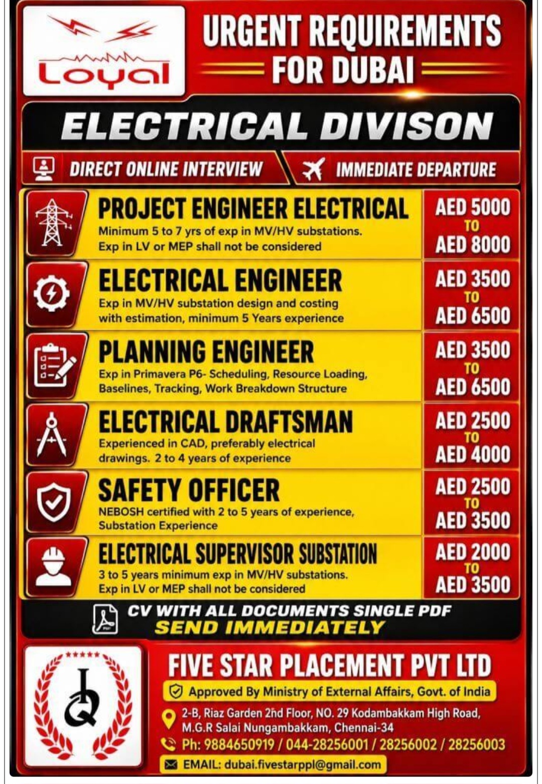 ELECTRICAL DIVISION HIRING FOR DUBAI
