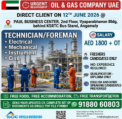 Electrical, Mechanical, Instrument, Civil Technician and Foreman UAE