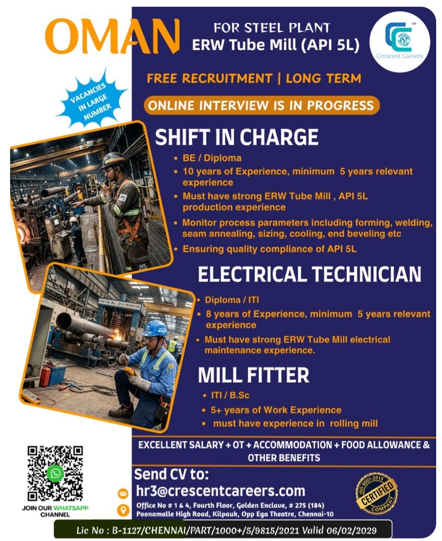 ERW Tube Mill (API 5L) - Steel Plant Recruitment