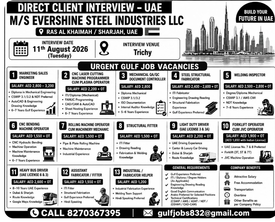 EVERSHINE STEEL INDUSTRIES IS HIRING FOR SHARJAH
