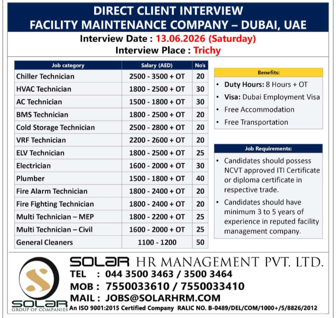 FACILITY MAINTENANCE COMPANY HIRING FOR DUBAI