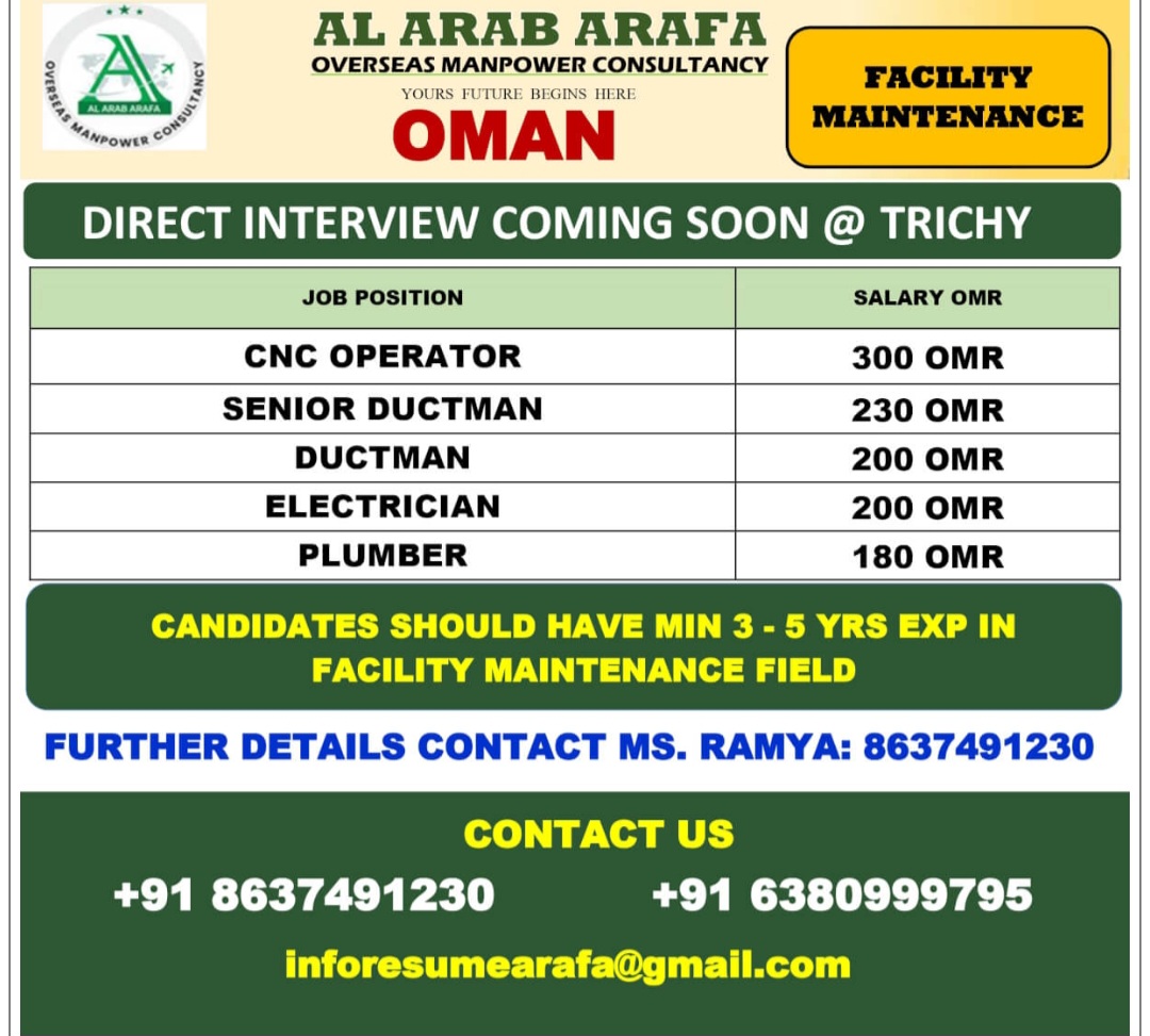 FACILITY MAINTENANCE COMPANY IS HIRING FOR OMAN