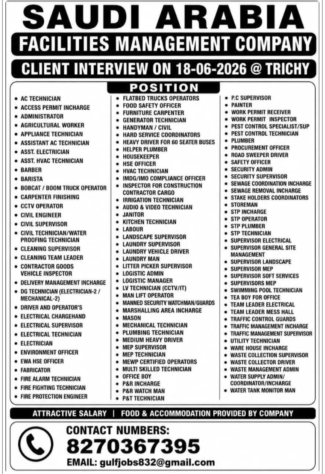 FACILITY MANAGEMENT COMPANY IS HIRING FOR SAUDI ARABIA