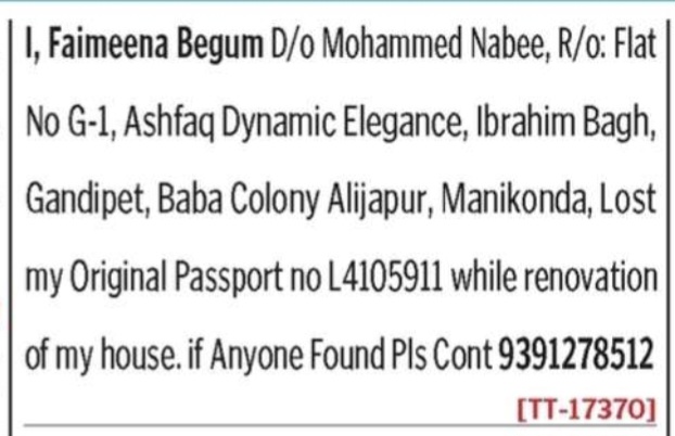 FAIMEENA BEGUM HAS LOST PASSPORT