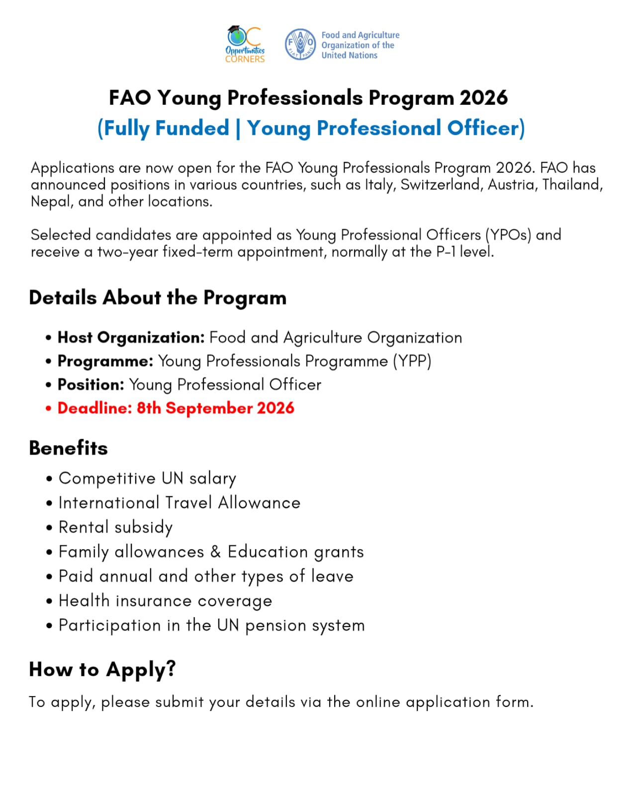 FAO Young Professionals Program 2026 (Fully Funded)