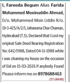 FAREEDA BEGUM HAS LOST SALE DEED