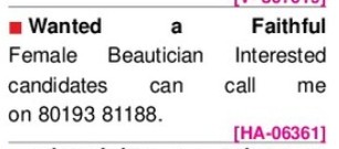 FEMALE BEAUTICIAN REQUIRED