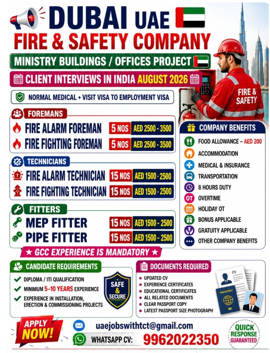 FIRE AND SAFETY COMPANY IS HIRING FOR DUBAI