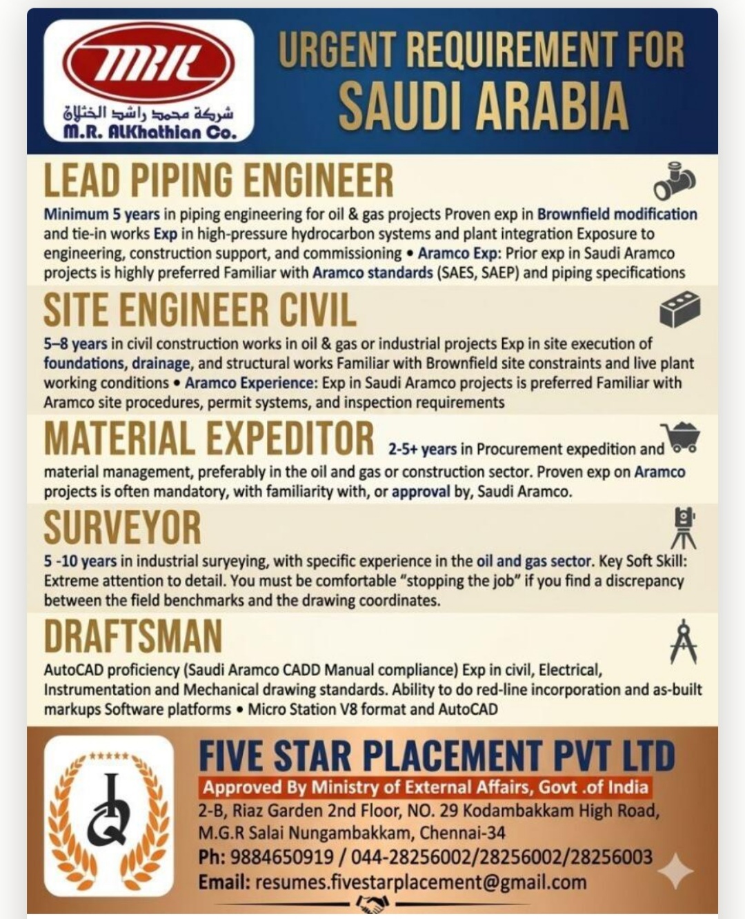 FIVE STAR PLACEMWNT PVT LTD IS HIRING FOR SAUDI ARABIA