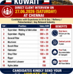 FREE REQUIREMENTS FOR “4 MONTH SHUTDOWN KNPC PROJECT” KUWAIT – DIRECT CLIENT INTERVIEW ON 27.06.2026 (SATURDAY) AT CHENNAI