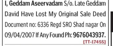 GEEDAM ASEERVADAM HAS LOST DOCUMENT