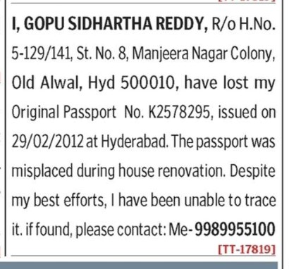 GOPU SIDHARTHA REDDY HAS LOST PASSPORT