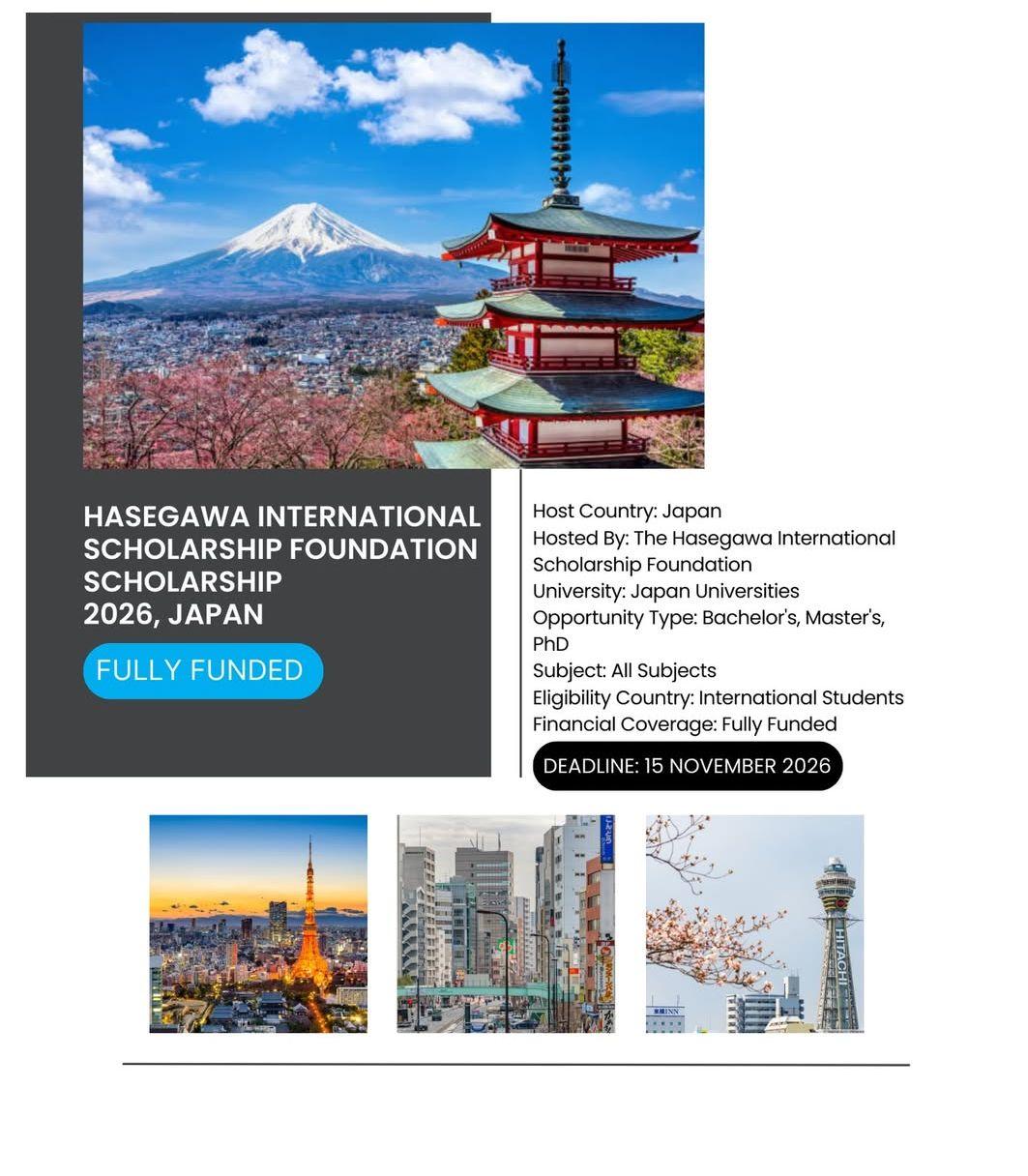 HASEGAWA INTERNATIONAL SCHOLARSHIP FOUNDATION SCHOLARSHIP 2026, JAPAN.