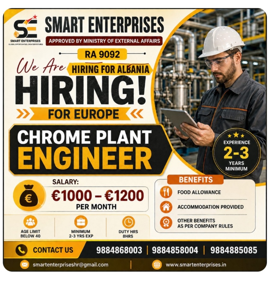 HIRING CHROME PLANT ENGINEER FOR ALBANIA
