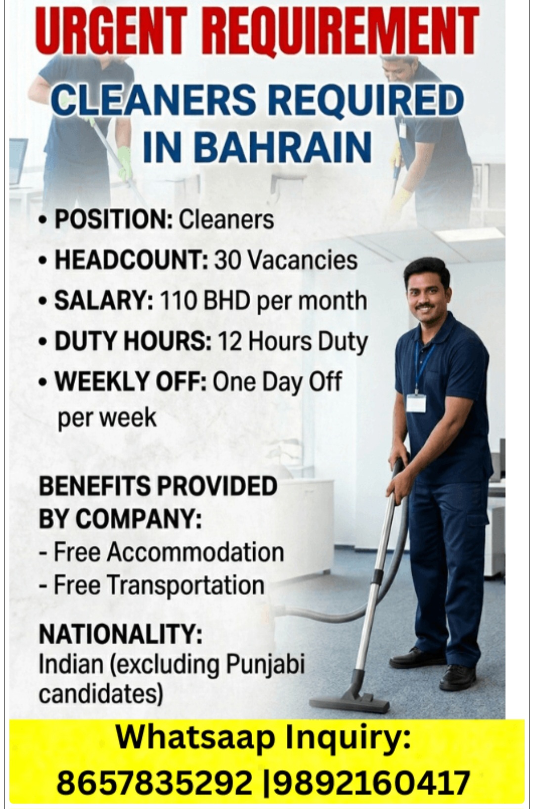 HIRING CLEANERS FOR BAHRAIN