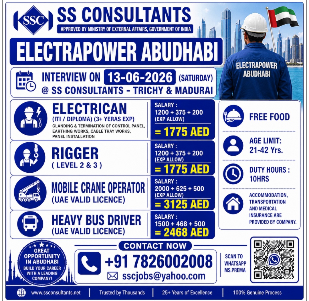 HIRING ELECTRICIAN  RIGGER, CRANE OPERATOR FOR ABU DHABI