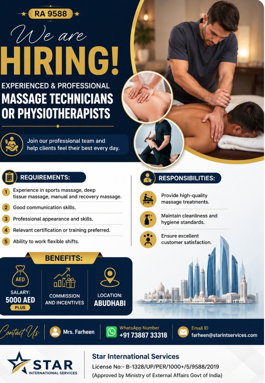 HIRING EXPERIENCE AND PROFESSIONAL MASSAGE TECHNICIAN OR PHYSIOTHERAPIST