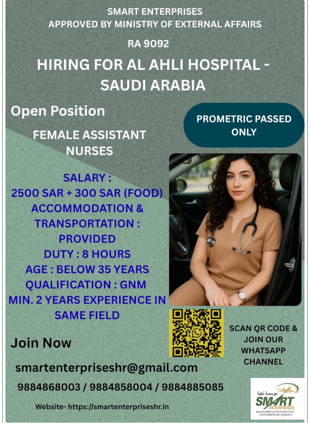 HIRING FEMALE ASSISTANT NURSES FOR SAUDI ARABIA