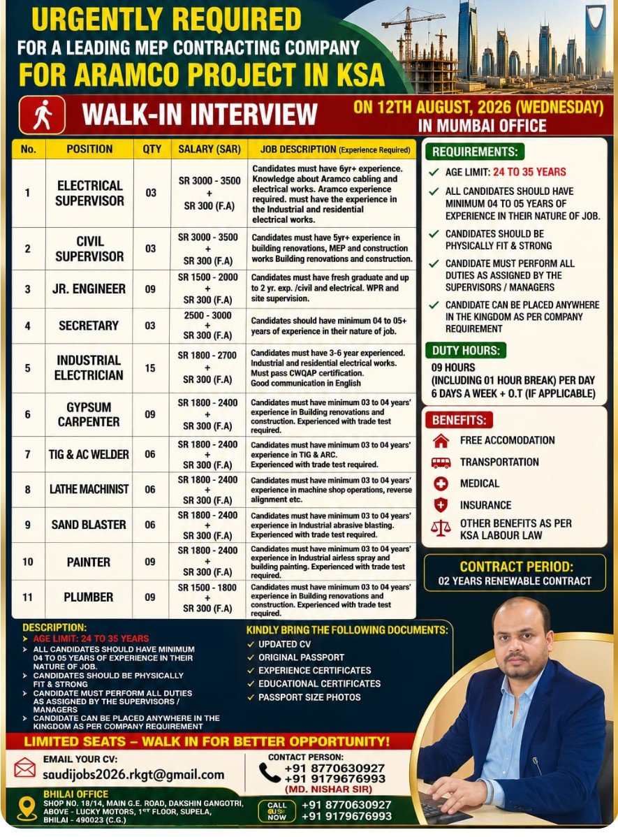 HIRING FOR A LEADING MEP CONSTRUCTION COMPANY – SAUDI ARABIA.
