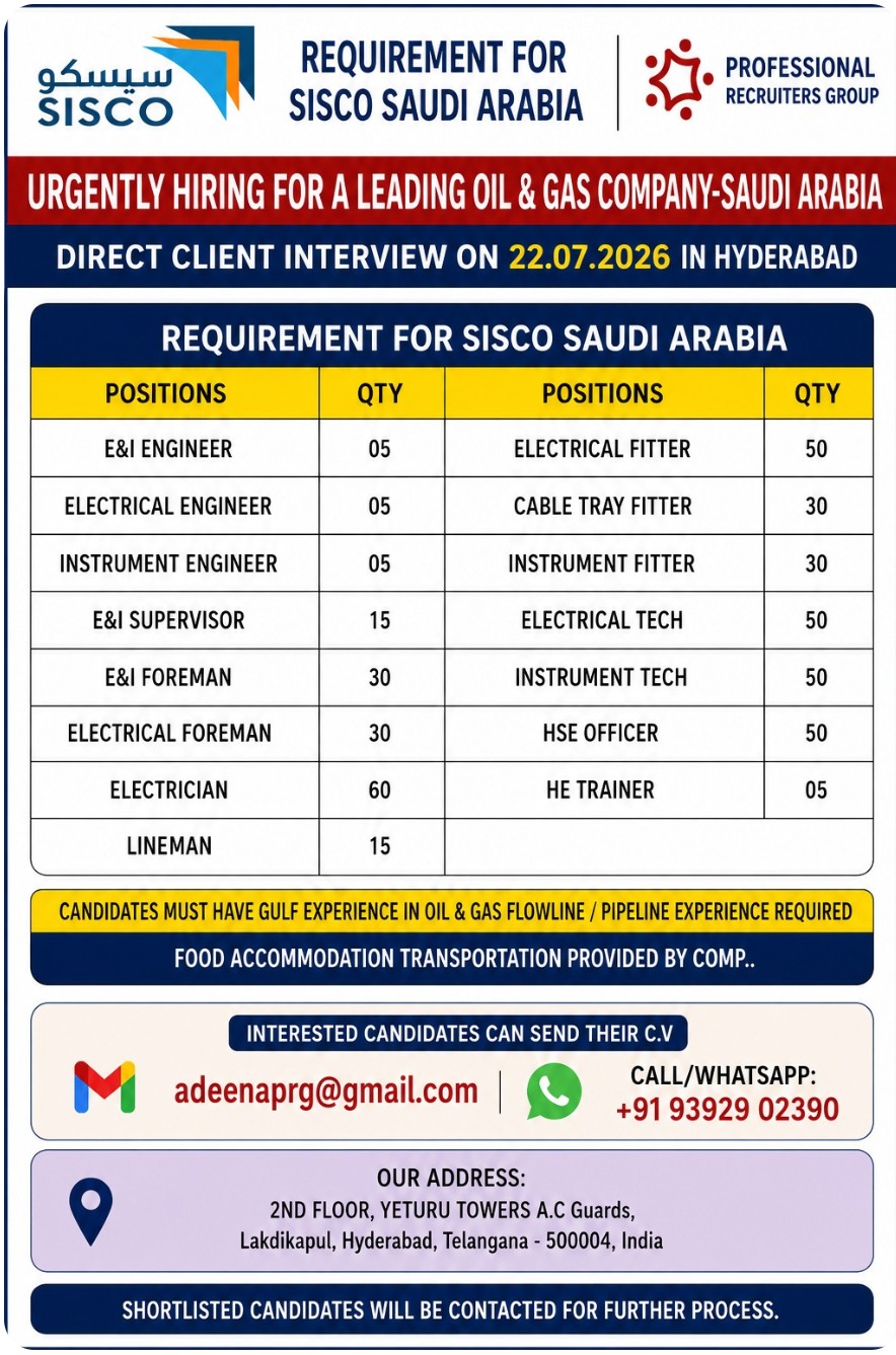 Hiring for a Leading Oil & Gas Company - Saudi Arabia