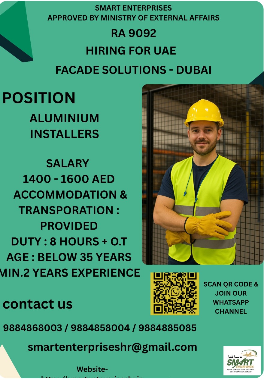 HIRING FOR ALUMINIUM INSTALLER FOR UAE