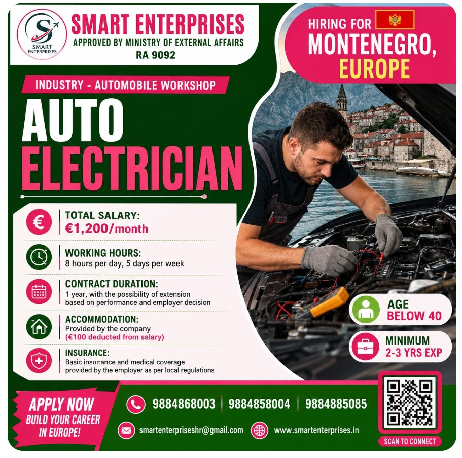 HIRING FOR AUTO ELECTRICIAN IN EUROPE
