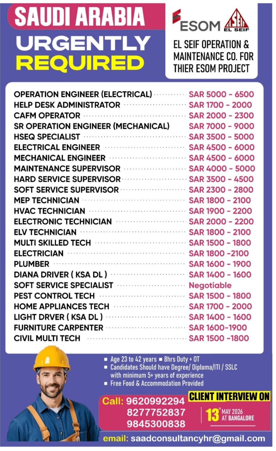 HIRING FOR ESOM PROJECT SAUDI ARABIA