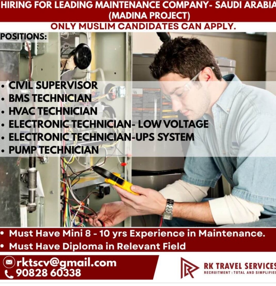 HIRING FOR LEADING MAINTENANCE COMPANY- SAUDI ARABIA (MADINA PROJECT)