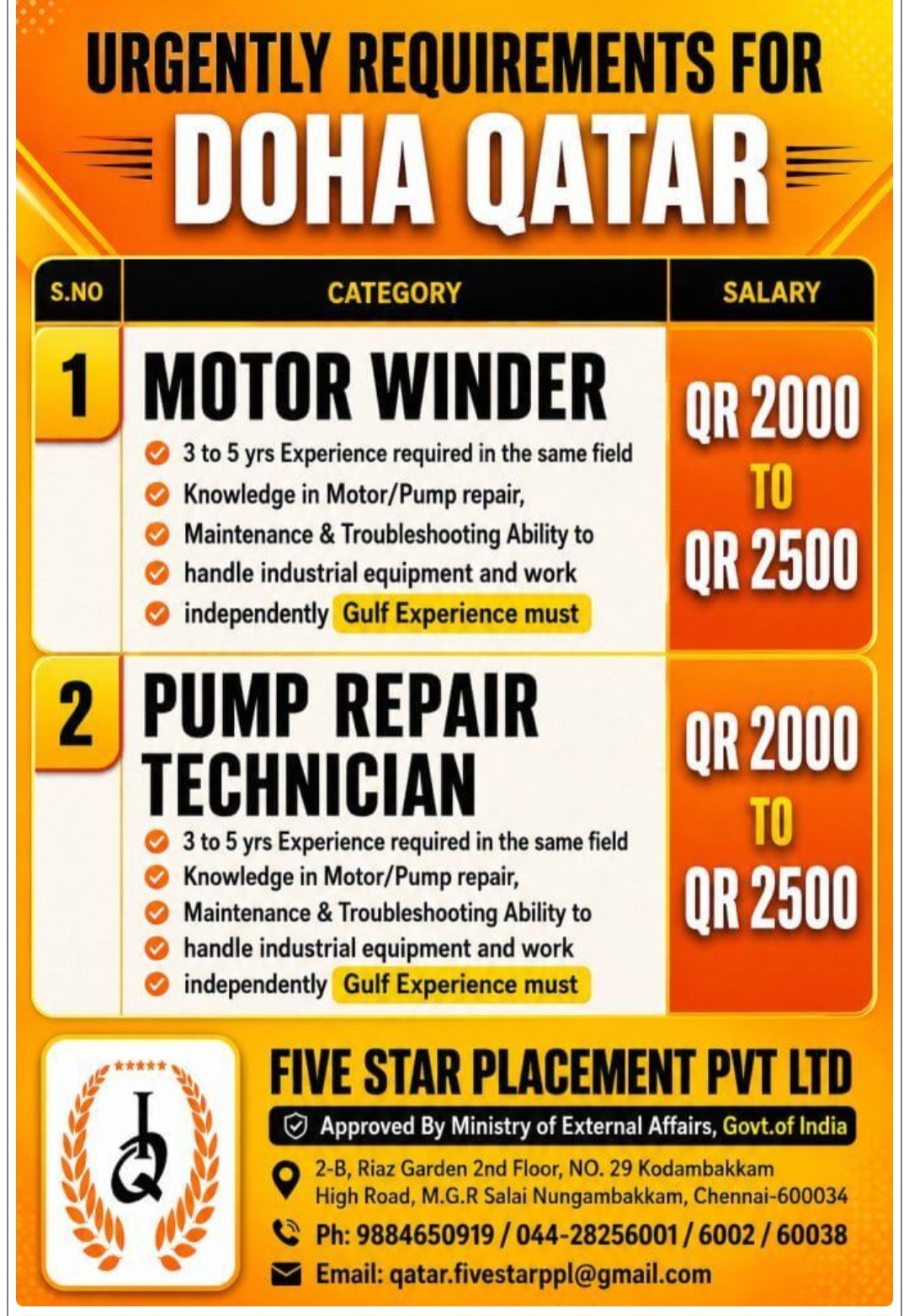 HIRING FOR MOTOR WINDER ,PUMP REPAIR TECHNICIAN