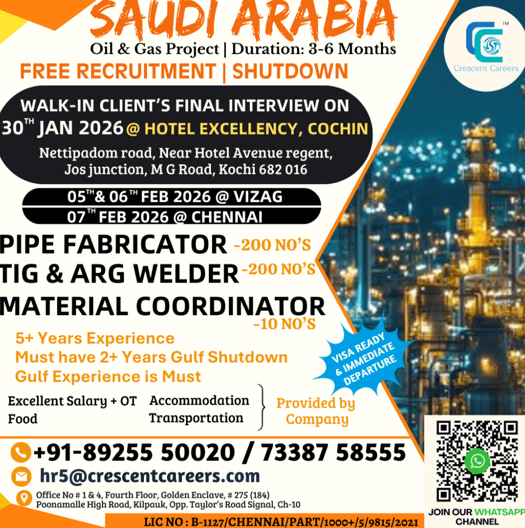 Hiring for Oil & Gas Project at SAUDI ARABIA
