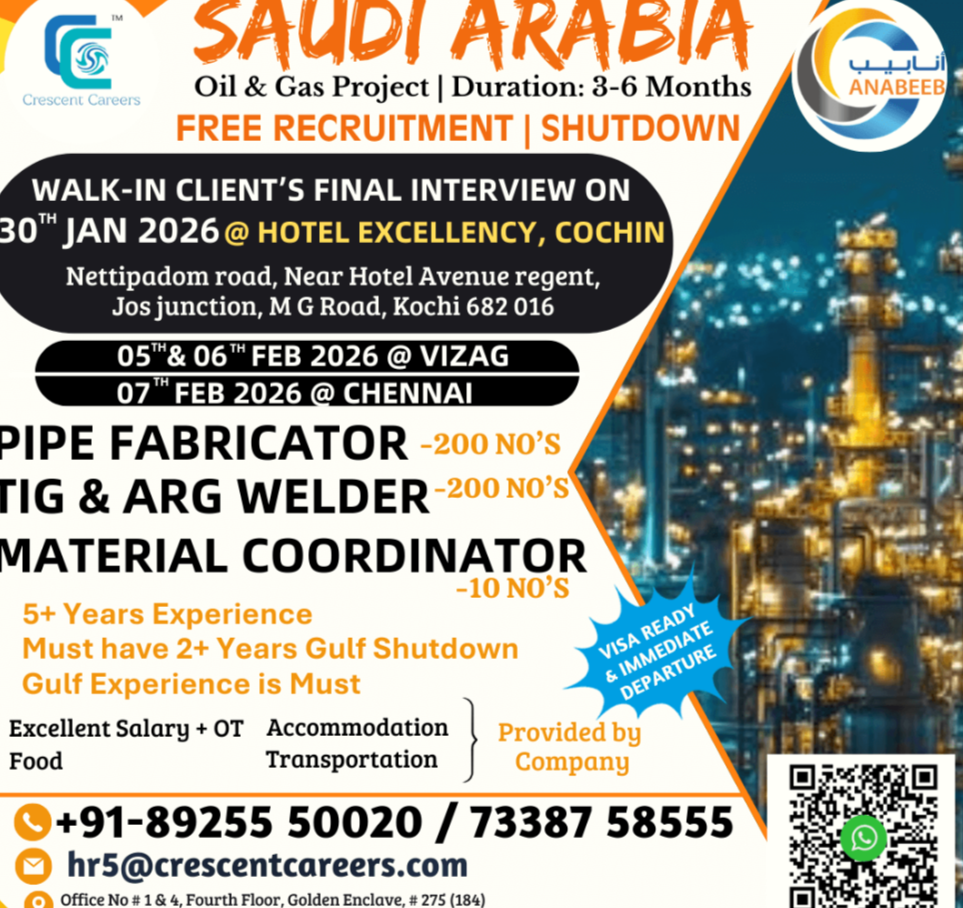 Hiring for Oil & Gas Project at SAUDI ARABIA