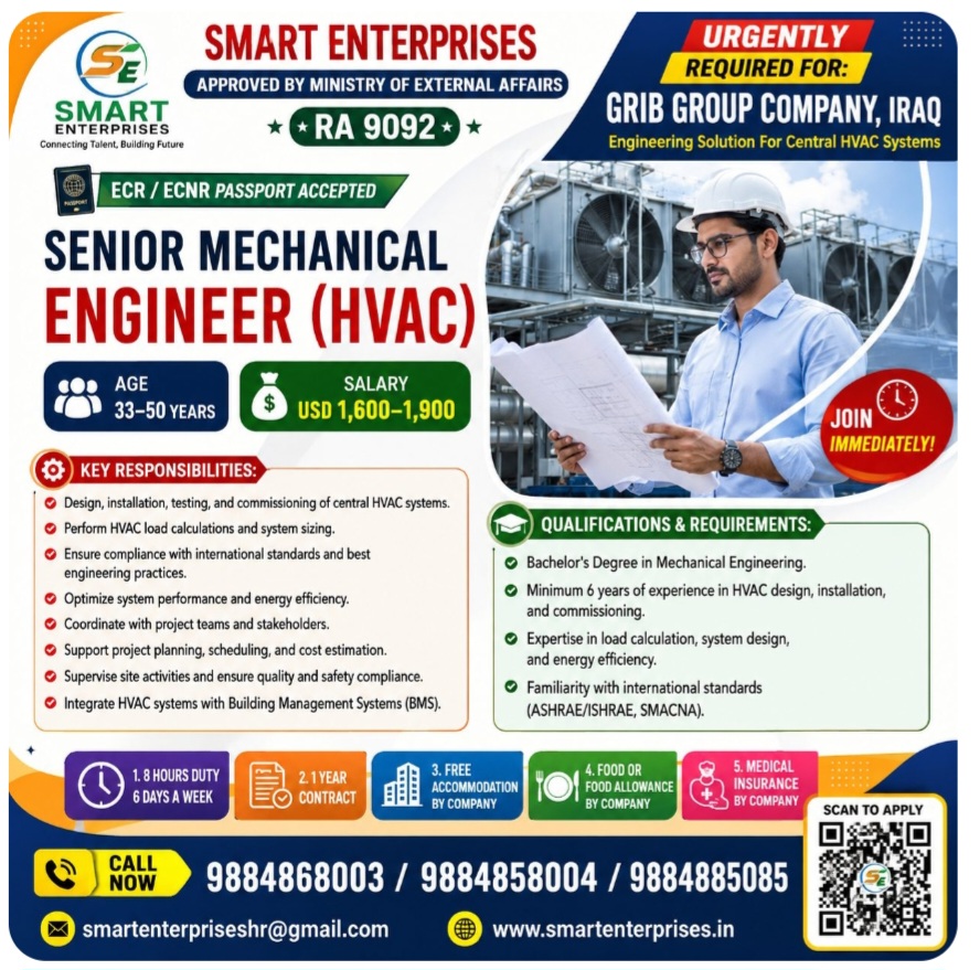 HIRING FOR SENIOR MECHANICAL ENGINEER (HVAC)