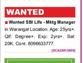 HIRING GOR SBI LIFE MARKETING MANAGER