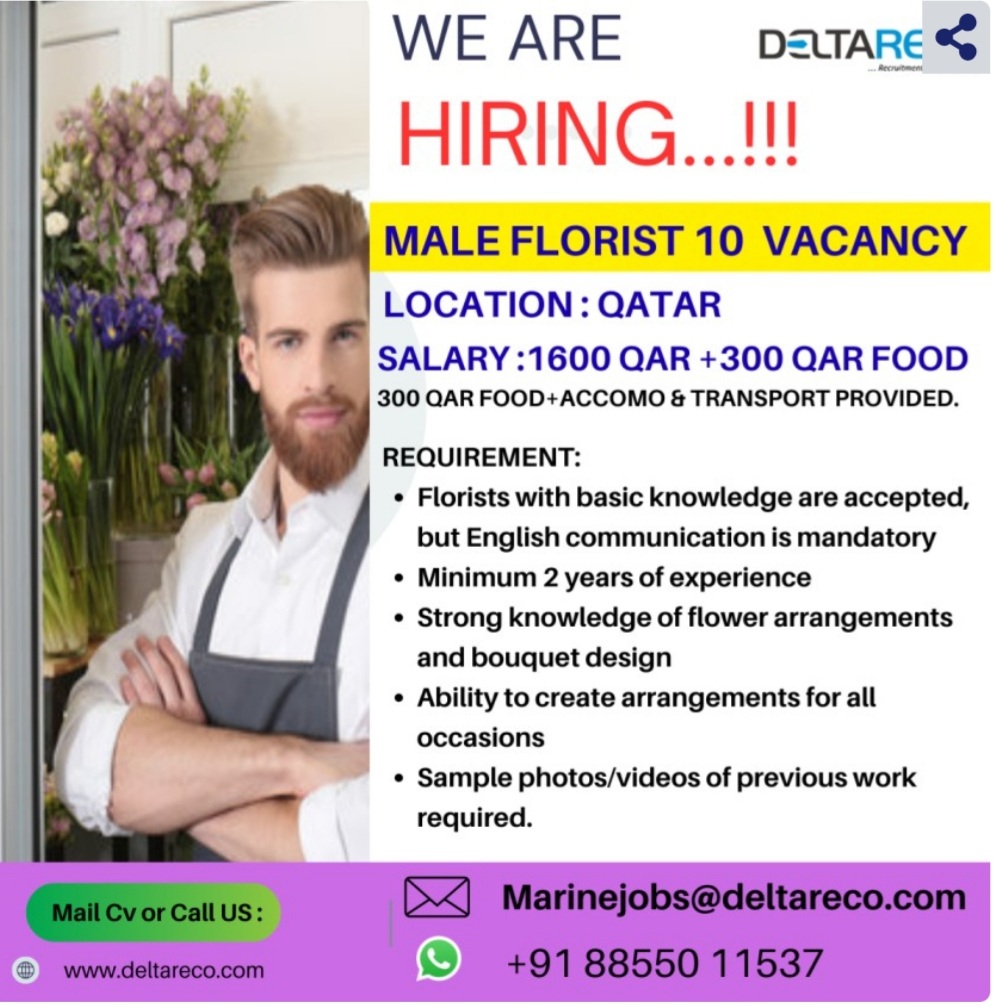 Hiring Male Florist for Qatar Location 10 Vacancy