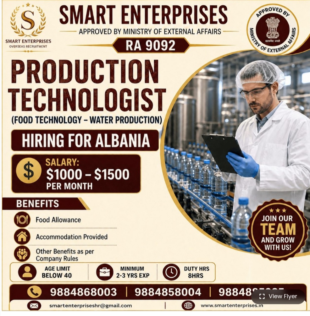 HIRING PRODUCTION TECHNOLOGIST FOR ALBANIA