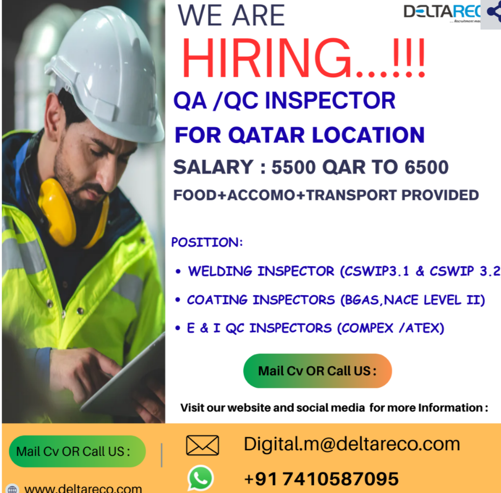 Hiring Qa QC Inspector For Qatar location Excellent package