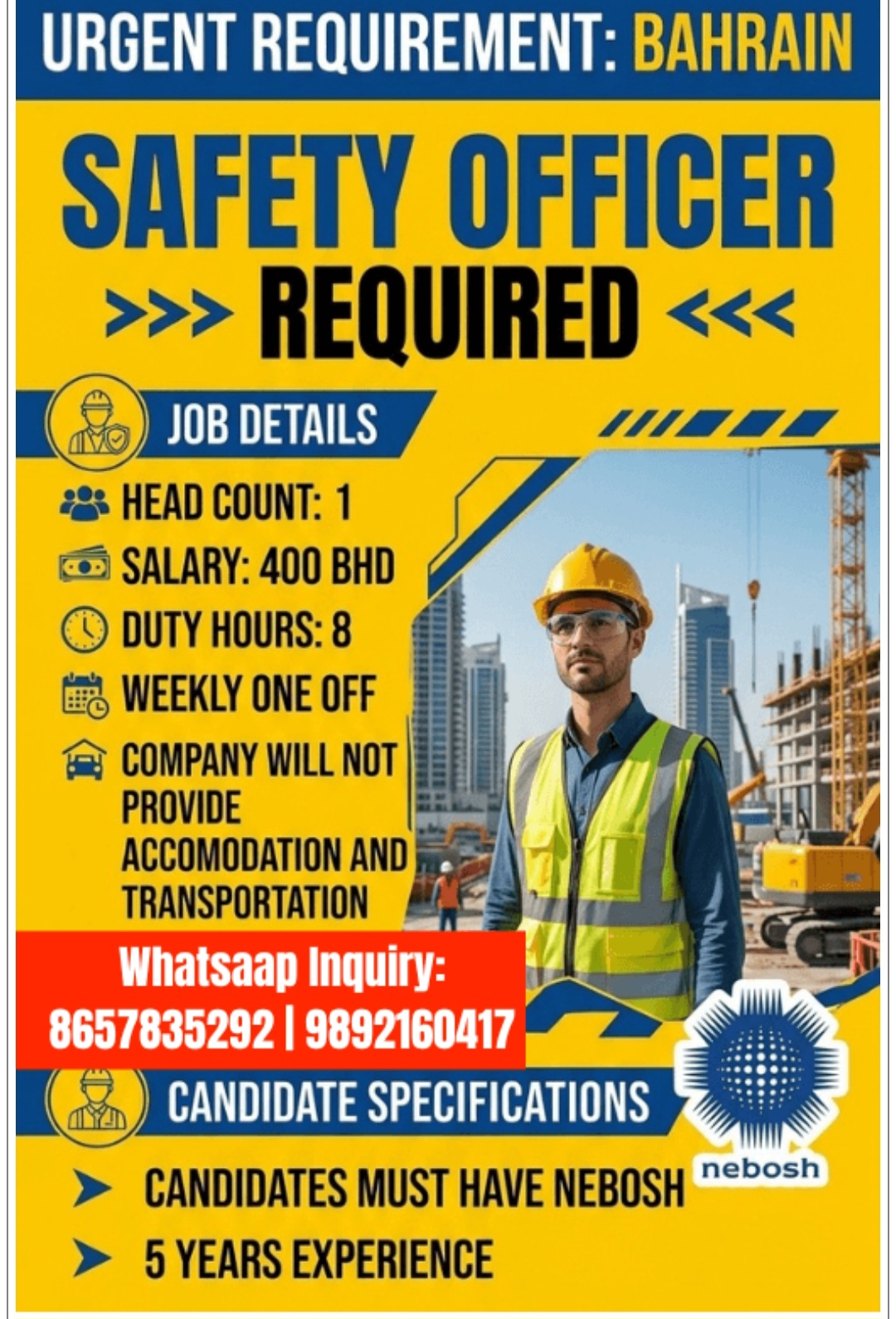 HIRING SAFETY OFFICER FOR BAHRAIN