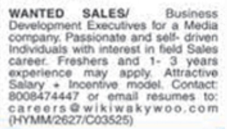 HIRING : SALE'S, BUSINESS DEVELOPMENT EXECUTIVE