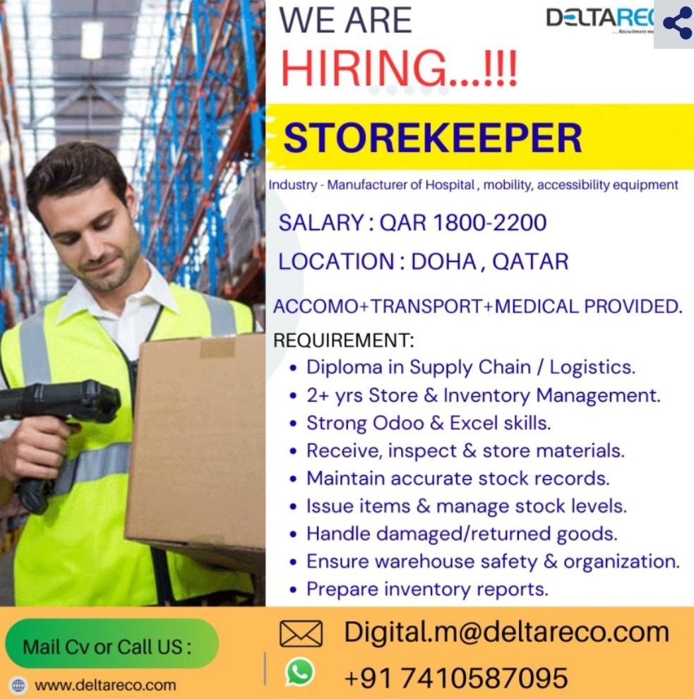 Hiring Storekeeper for Qatar