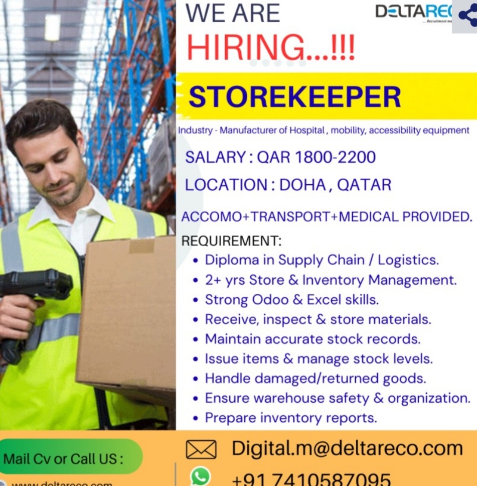 Hiring Storekeeper for Qatar