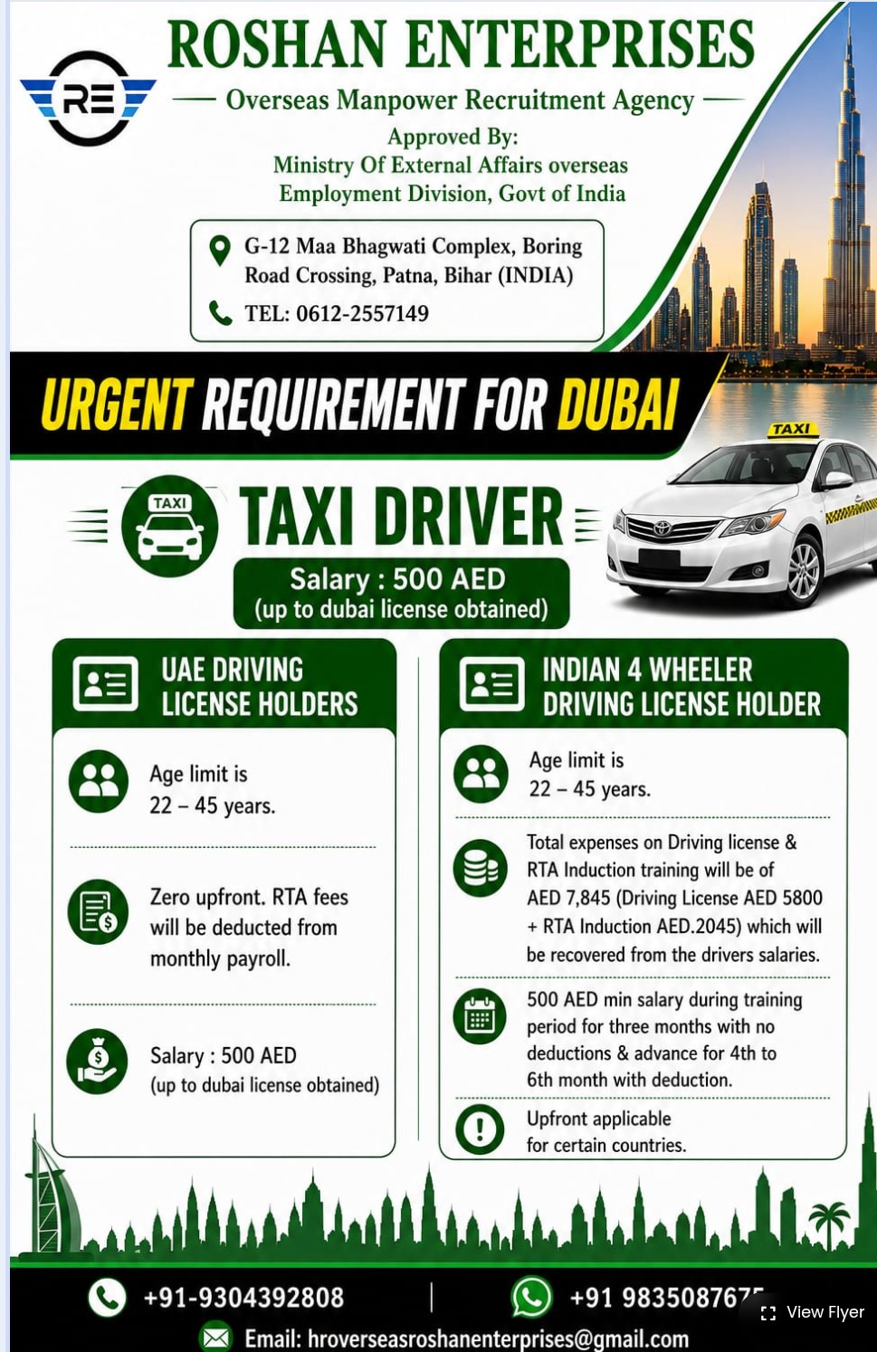 HIRING TAXI DRIVER FOR DUBAI