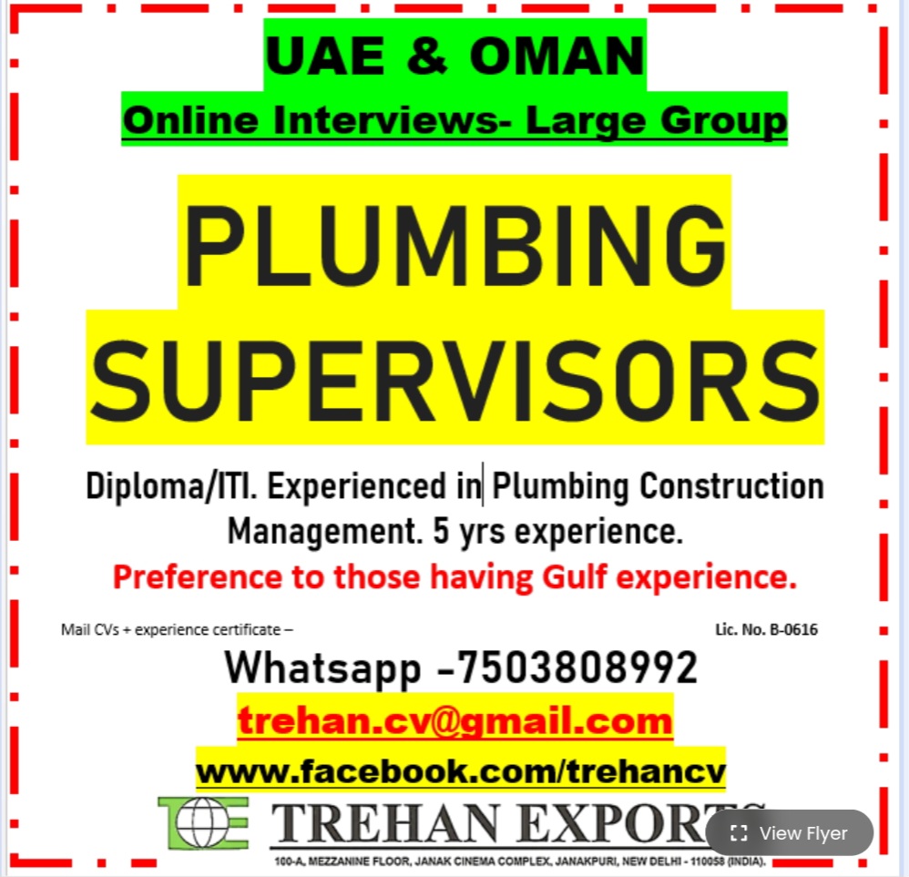 HIRINGS FOR PLUMBING SUPERVISOR