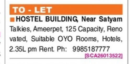 HOSTEL BUILDING FOR RENT IN AMEERPET