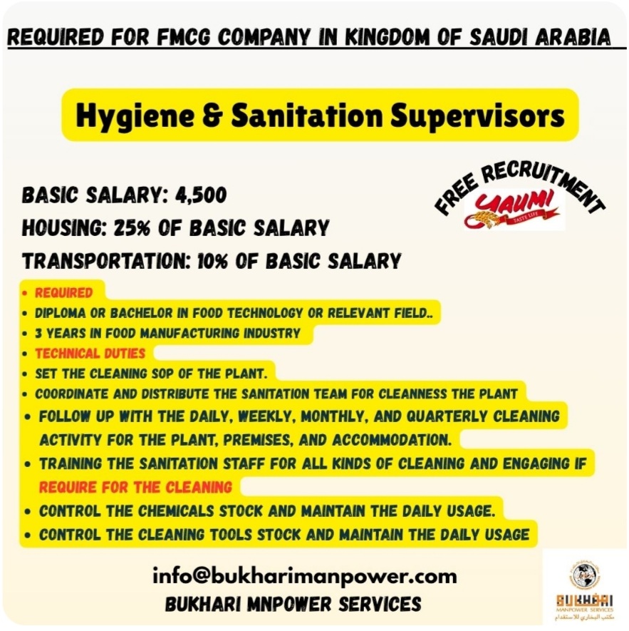 Hygiene & Sanitation Supervisors required for Saudi Arabia