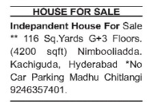 INDEPENDENT HOUSE FOR SALE IN KACHIGUDA